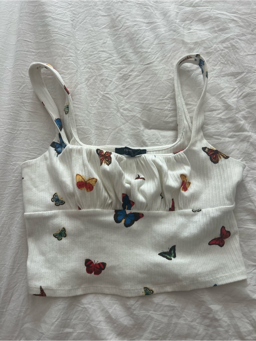 Forever 21 White Ribbed Butterfly Crop Top
